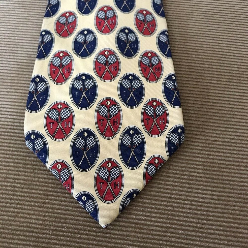 Tommy Hilfiger Mens Tie Tennis Racquets Italian Silk Yellow Blue Red